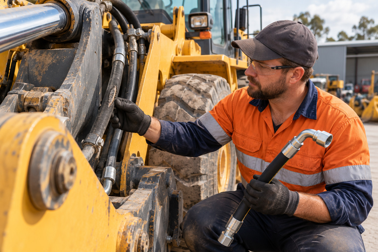 Technician assessing a hydraulic hose on a parked loader