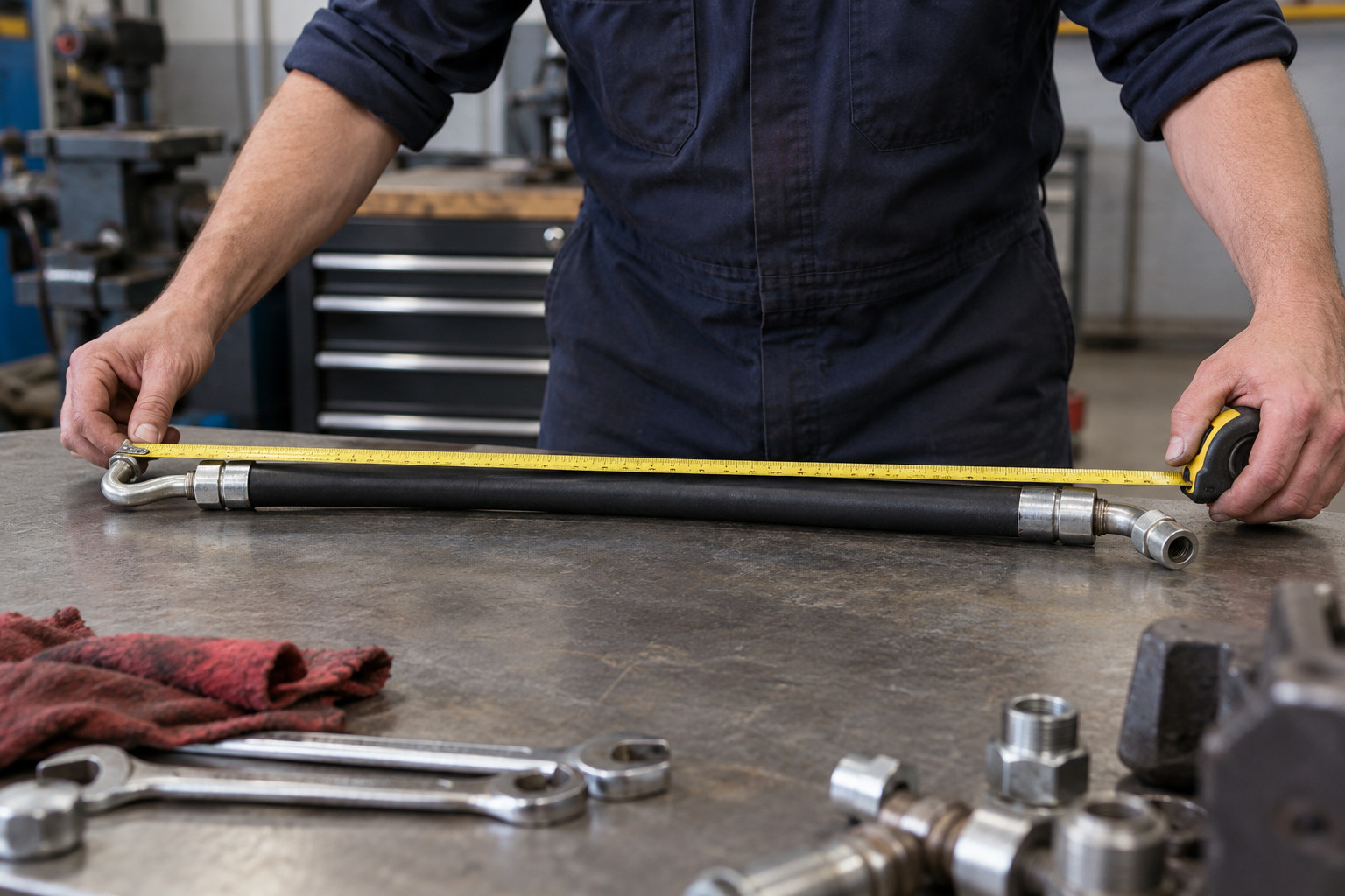 Hydraulic hose assembly measured end to end on a workshop bench