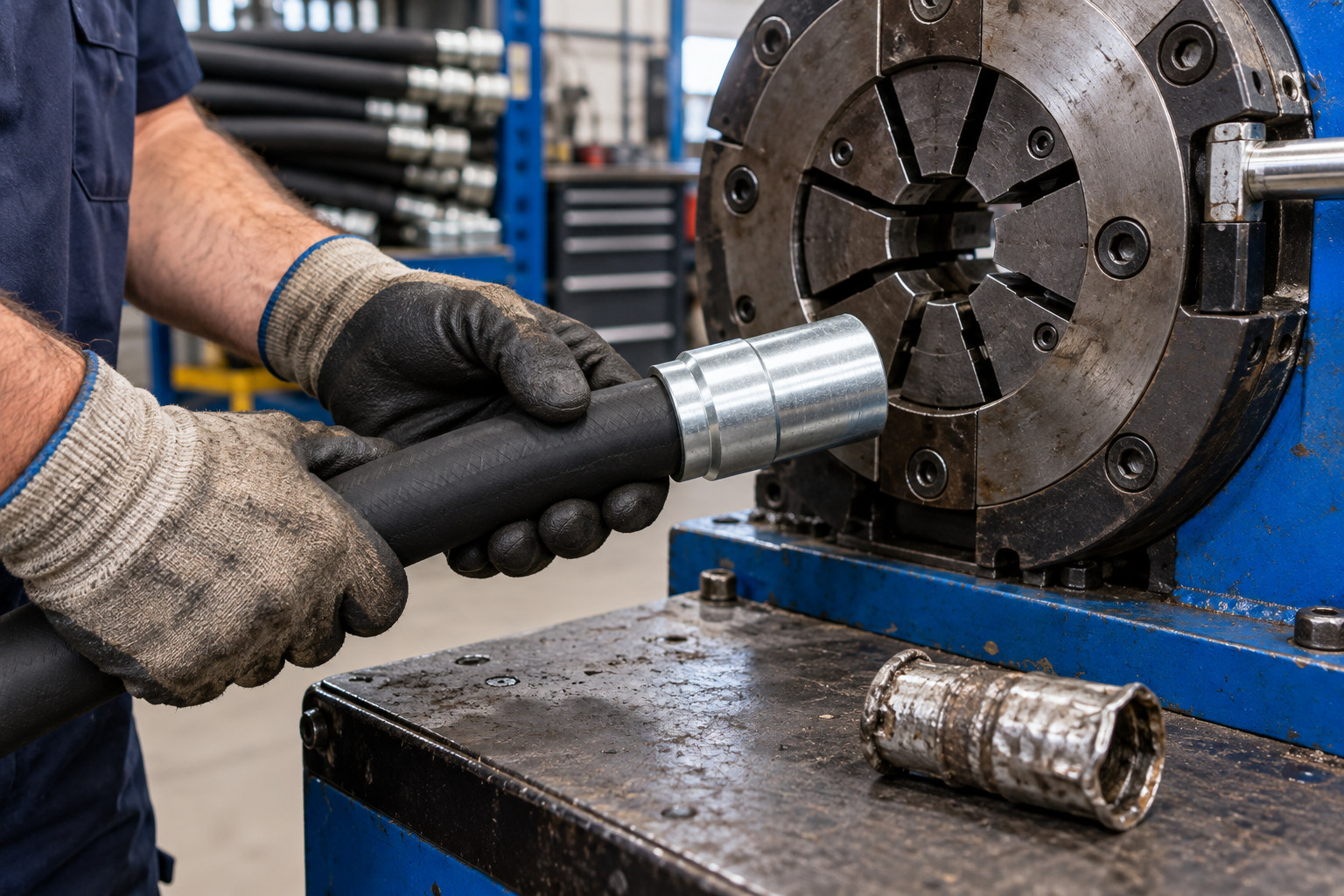 New hydraulic hose fitting held in front of a workshop crimping machine