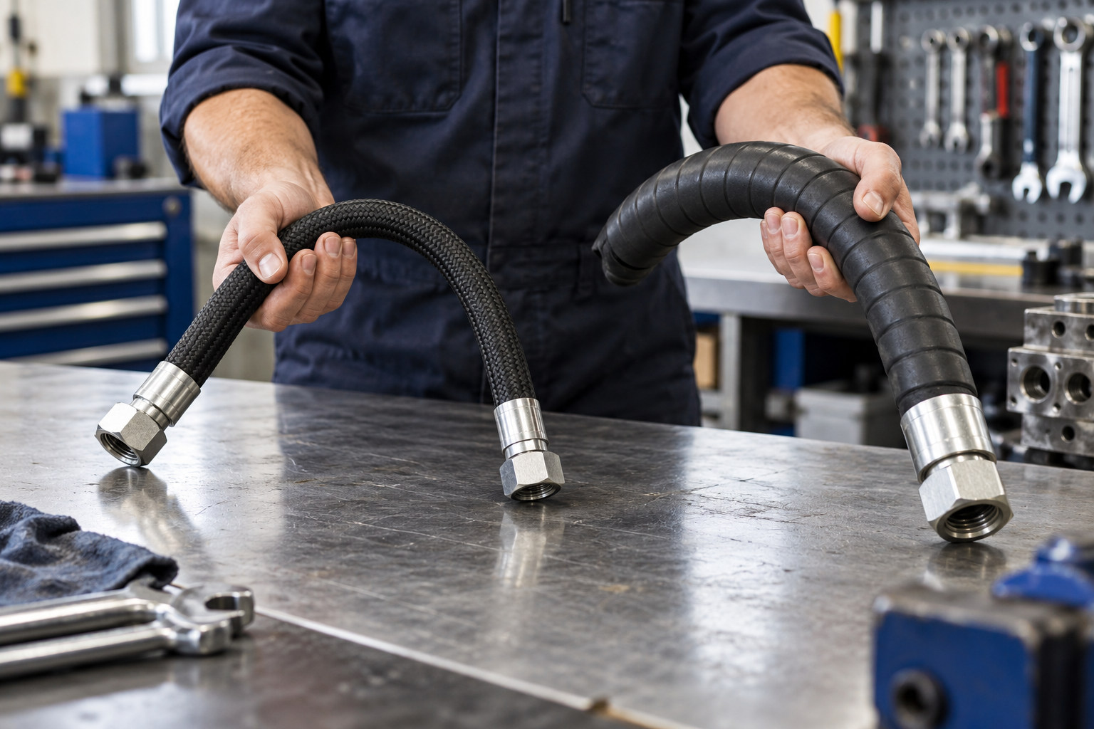 Technician comparing the flexibility of two hydraulic hose assemblies
