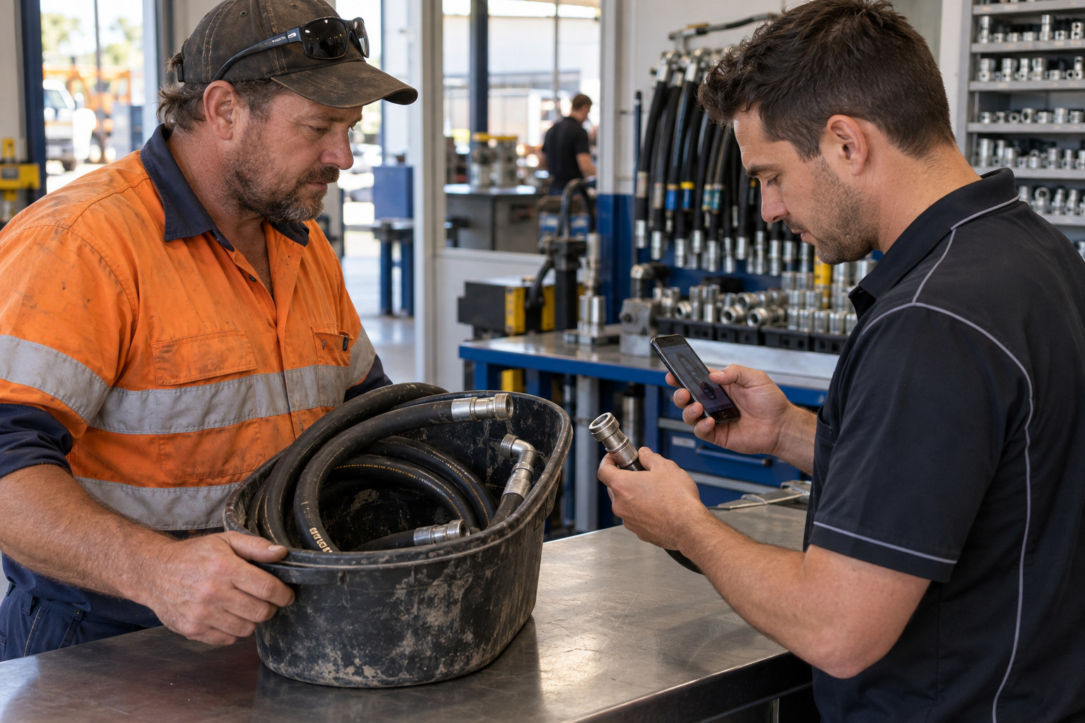 Customer and technician checking a used hose assembly at a workshop counter