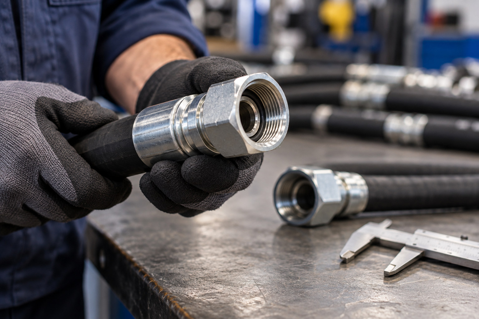 Gloved technician inspecting the threaded end of a hydraulic hose fitting