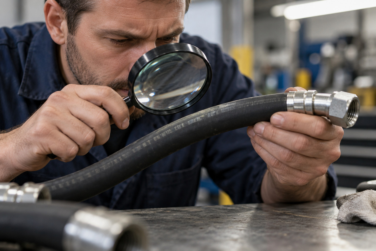 Technician examining the worn marking on a hydraulic hose