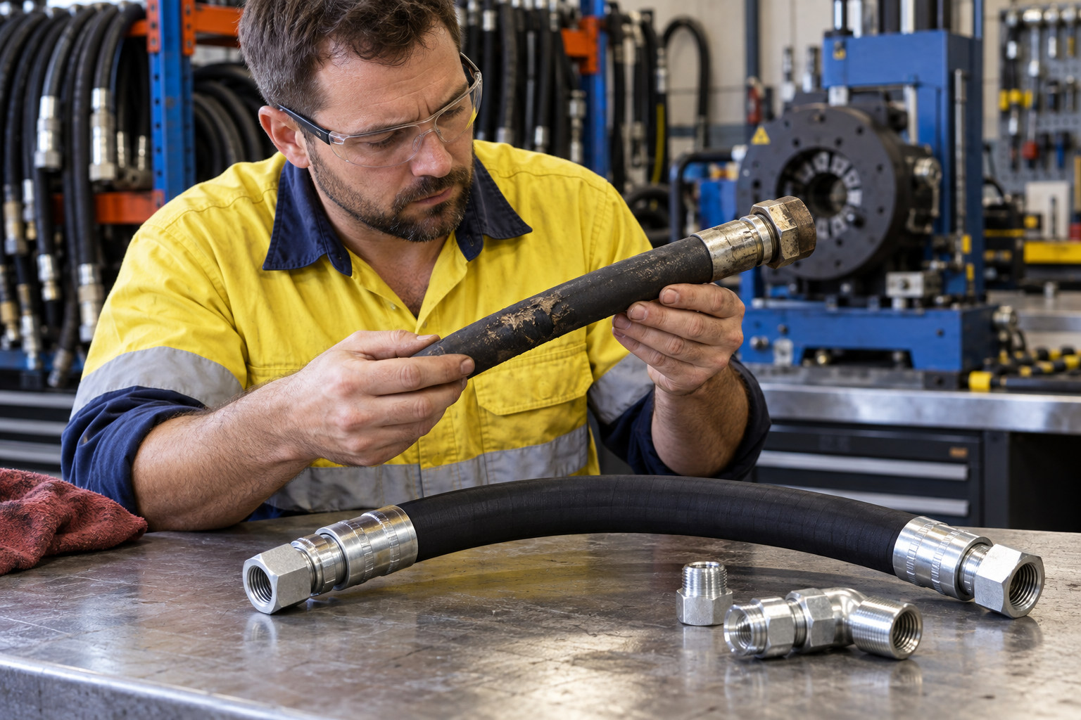 Technician inspecting an old hydraulic hose beside a new assembly