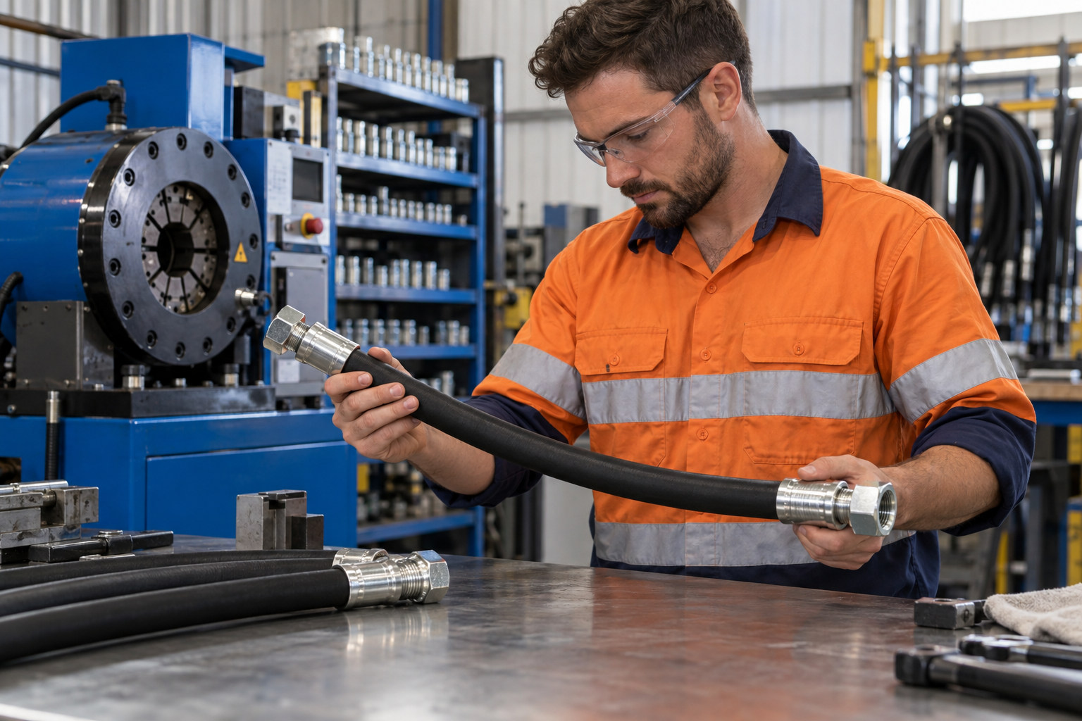 Technician inspecting a newly assembled hydraulic hose in a workshop