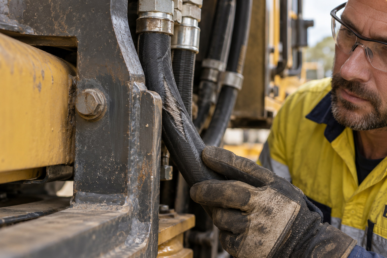 Technician checking a hydraulic hose where it passes a metal machine bracket