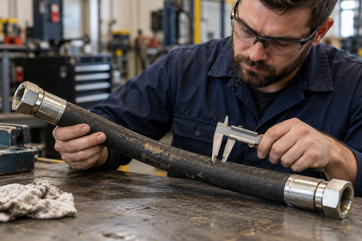 Technician measuring a worn hydraulic hose with a caliper