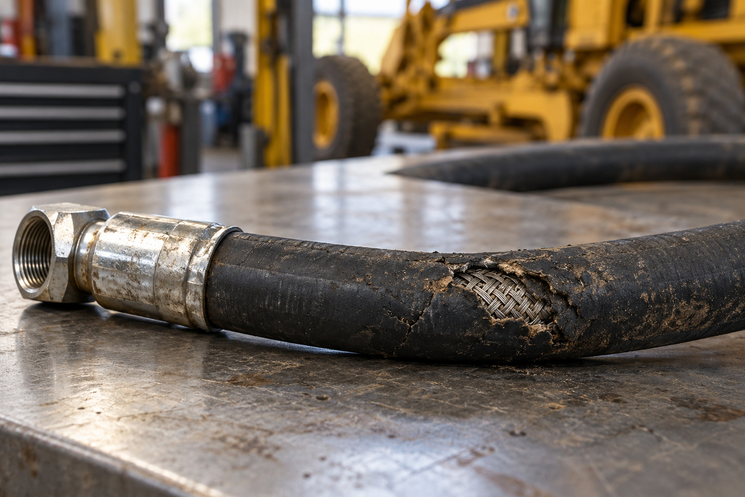A removed hydraulic hose on a workbench has damaged rubber exposing its steel reinforcement.