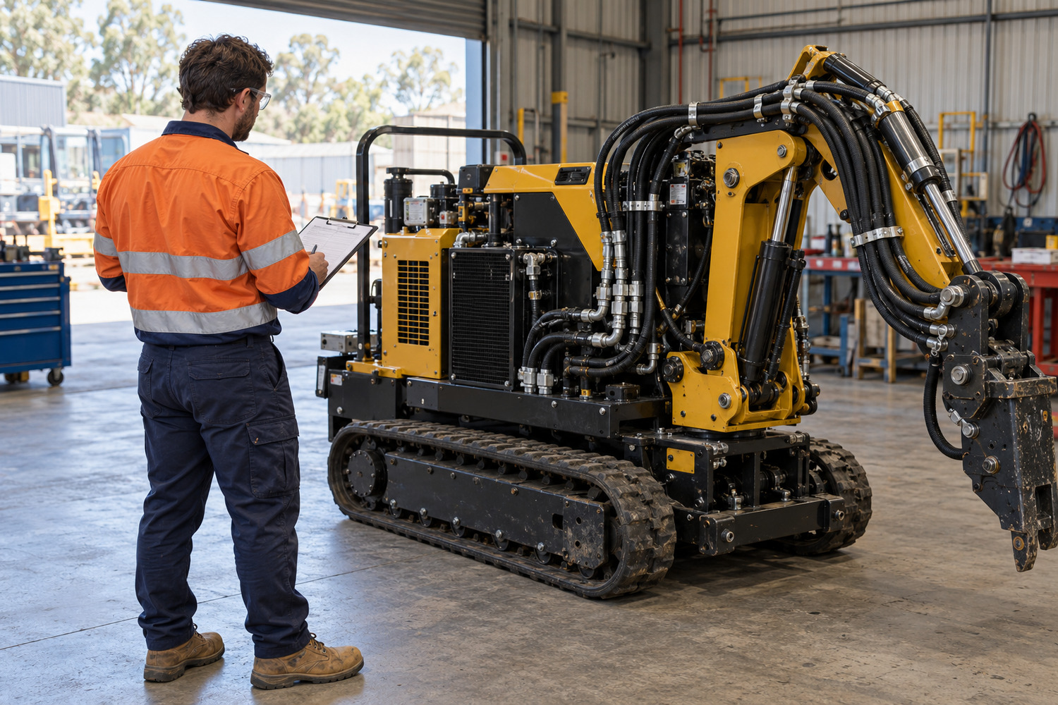 Maintenance technician records hose locations beside a stationary compact tracked machine.