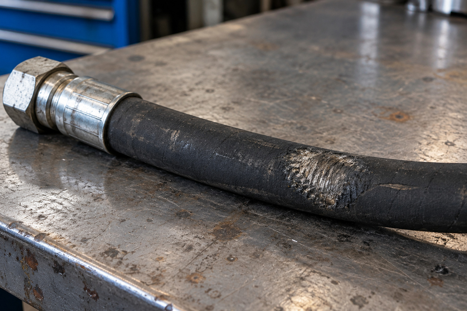 Abrasion has worn the outer rubber cover of a disconnected hydraulic hose on a workshop bench.