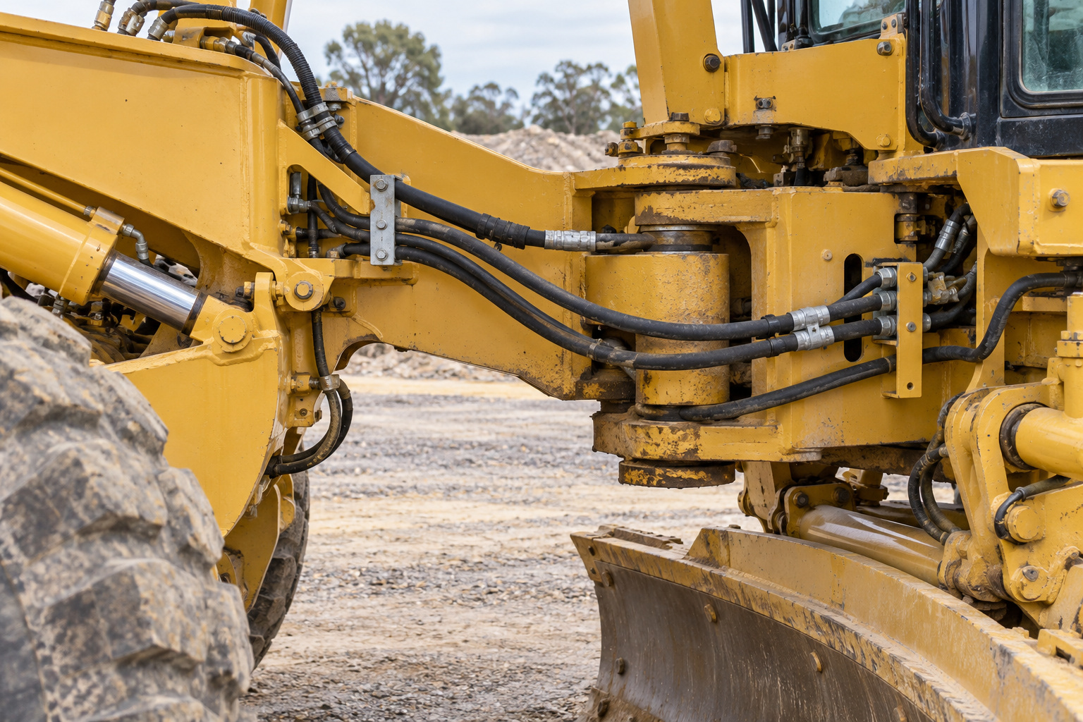 Hydraulic hoses curve across the articulation joint of a stationary yellow grader.