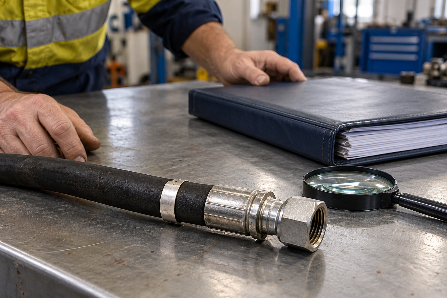Hose identification band and disconnected fitting beside a maintenance folder and magnifying glass.