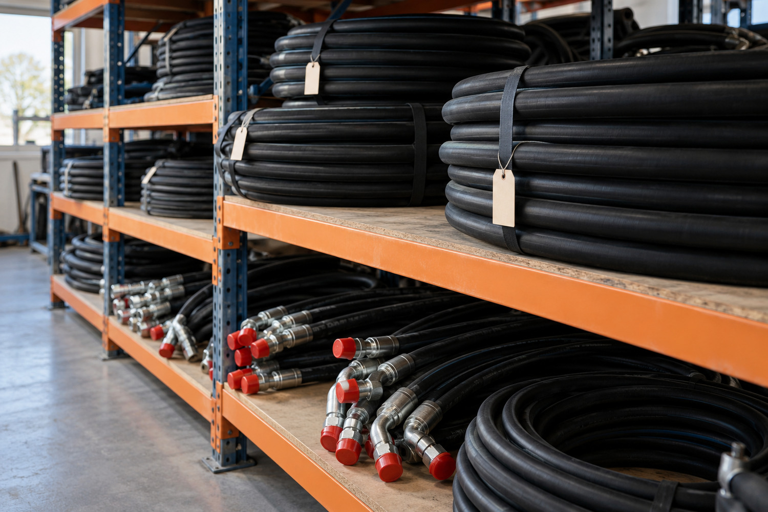 Coiled bulk hydraulic hose and capped hose assemblies stored on dry workshop shelving.