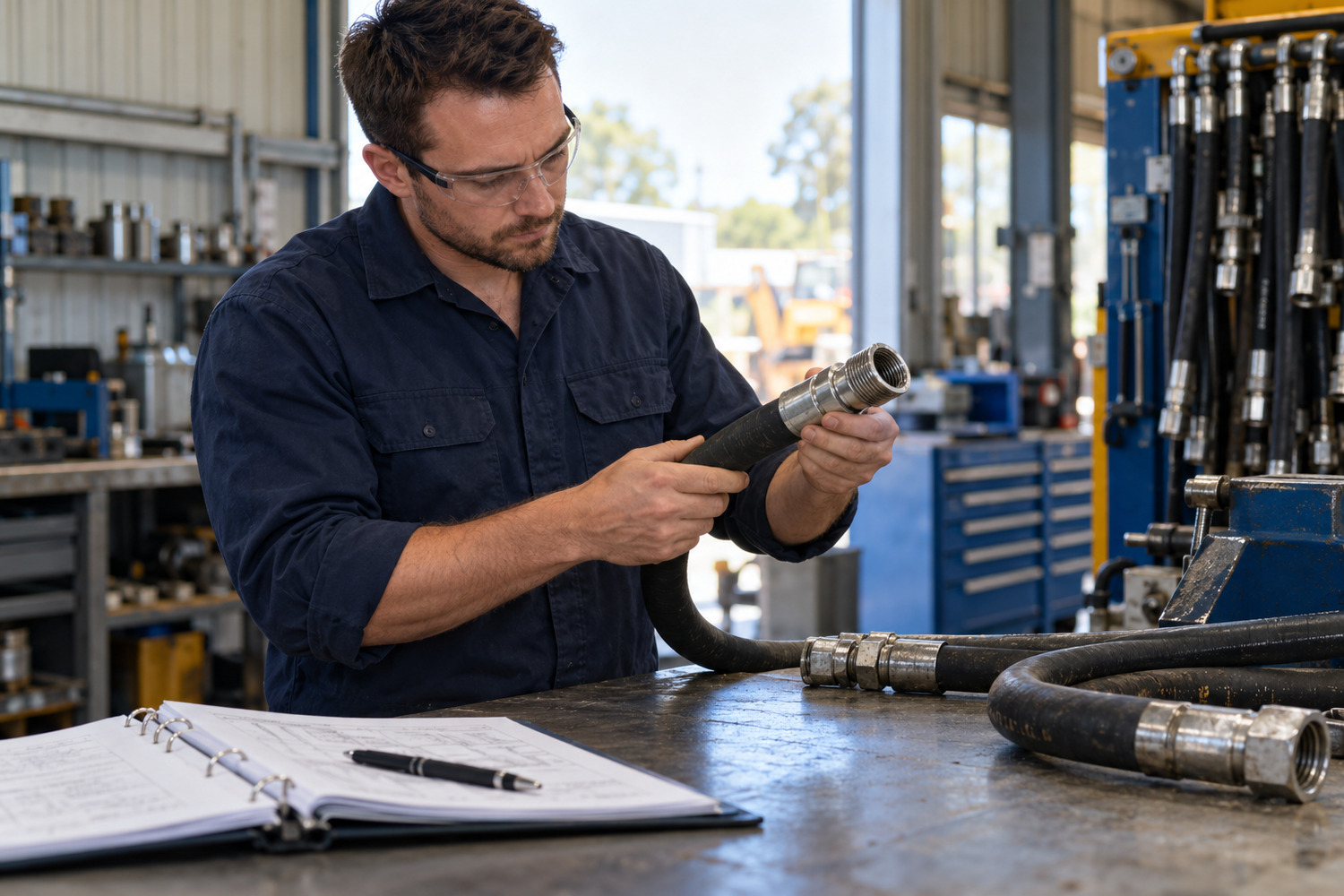 Technician checks a disconnected hydraulic hose beside an open maintenance binder.