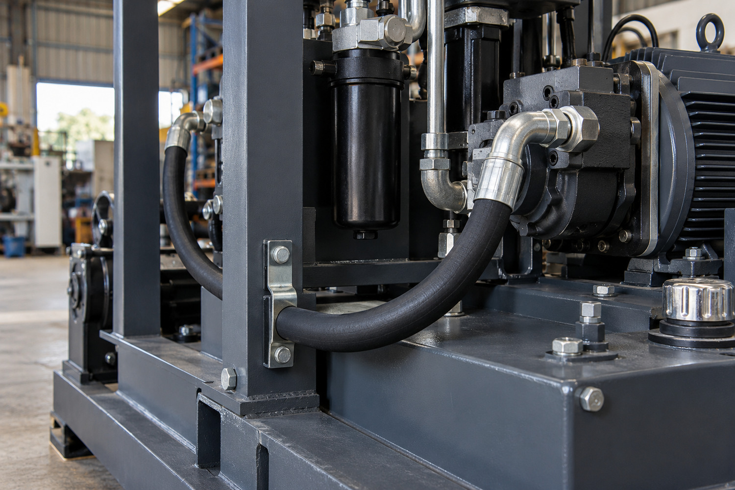 Hydraulic hoses curve between fittings and supports on a stationary industrial power unit.