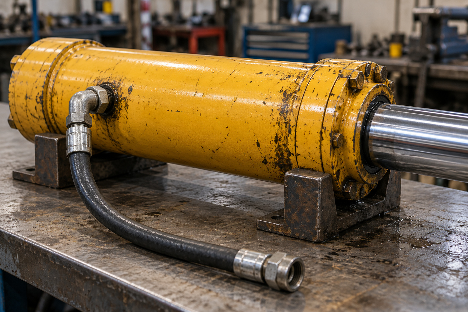 A hydraulic cylinder rests on workshop supports with its hose connection, gland and chrome piston rod visible.