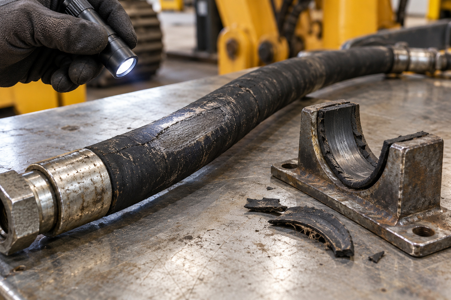 A technician illuminates an abraded hydraulic hose beside a worn support bracket on a service bench.